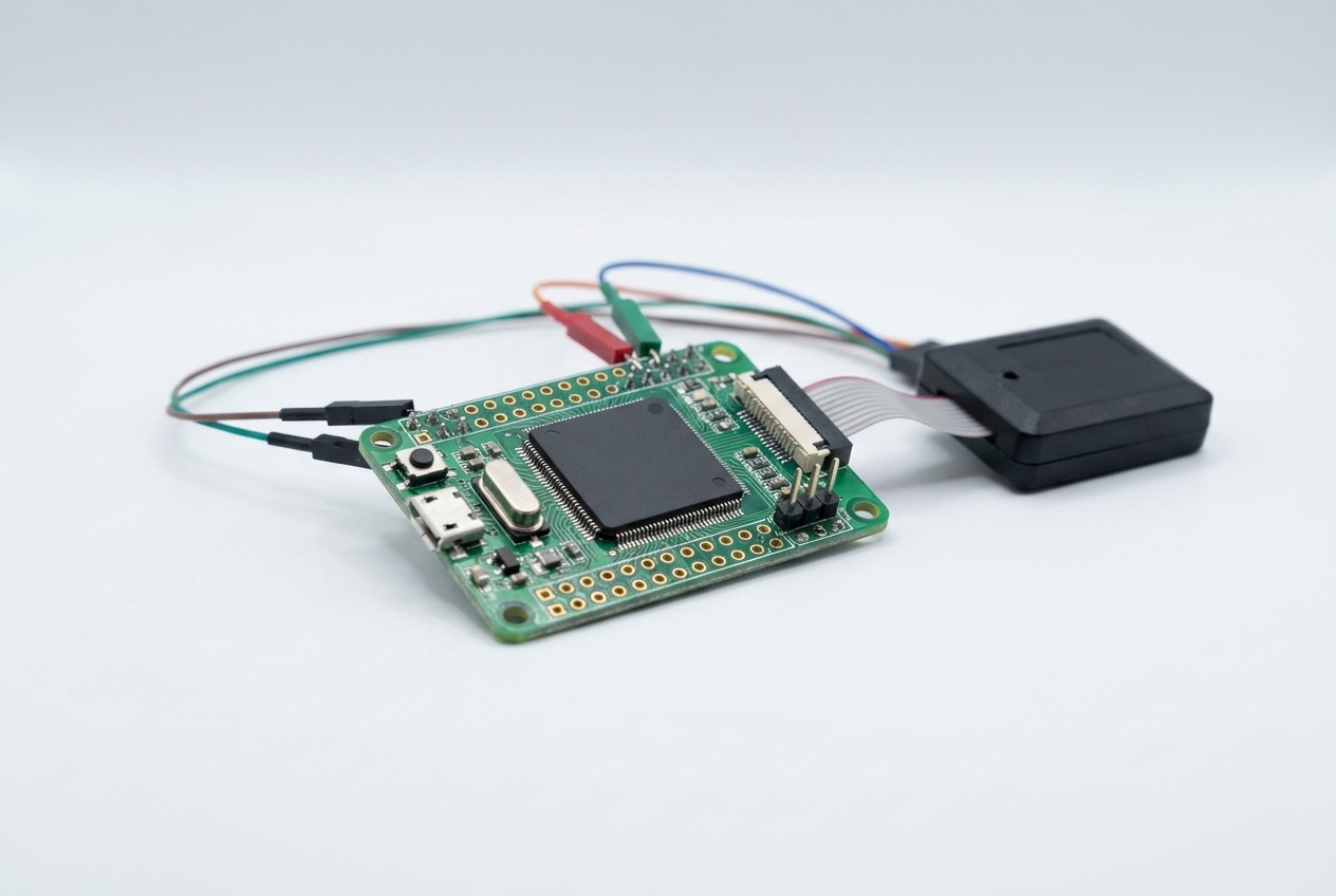 Microcontroller development board connected to a debug probe with logic analyzer clips during embedded firmware development