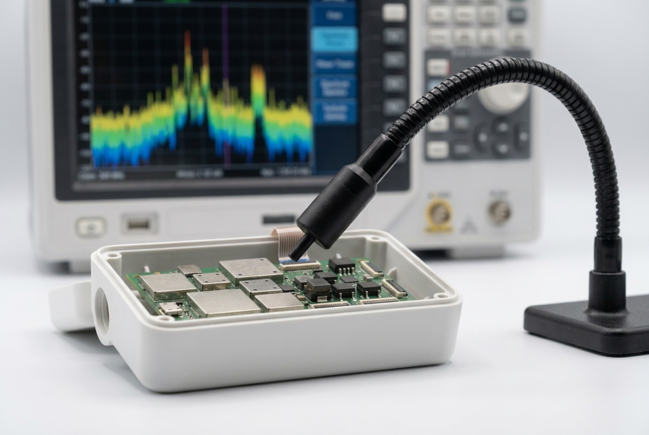 Near-field EMC probe positioned over a circuit board during pre-compliance emissions testing with a spectrum analyzer