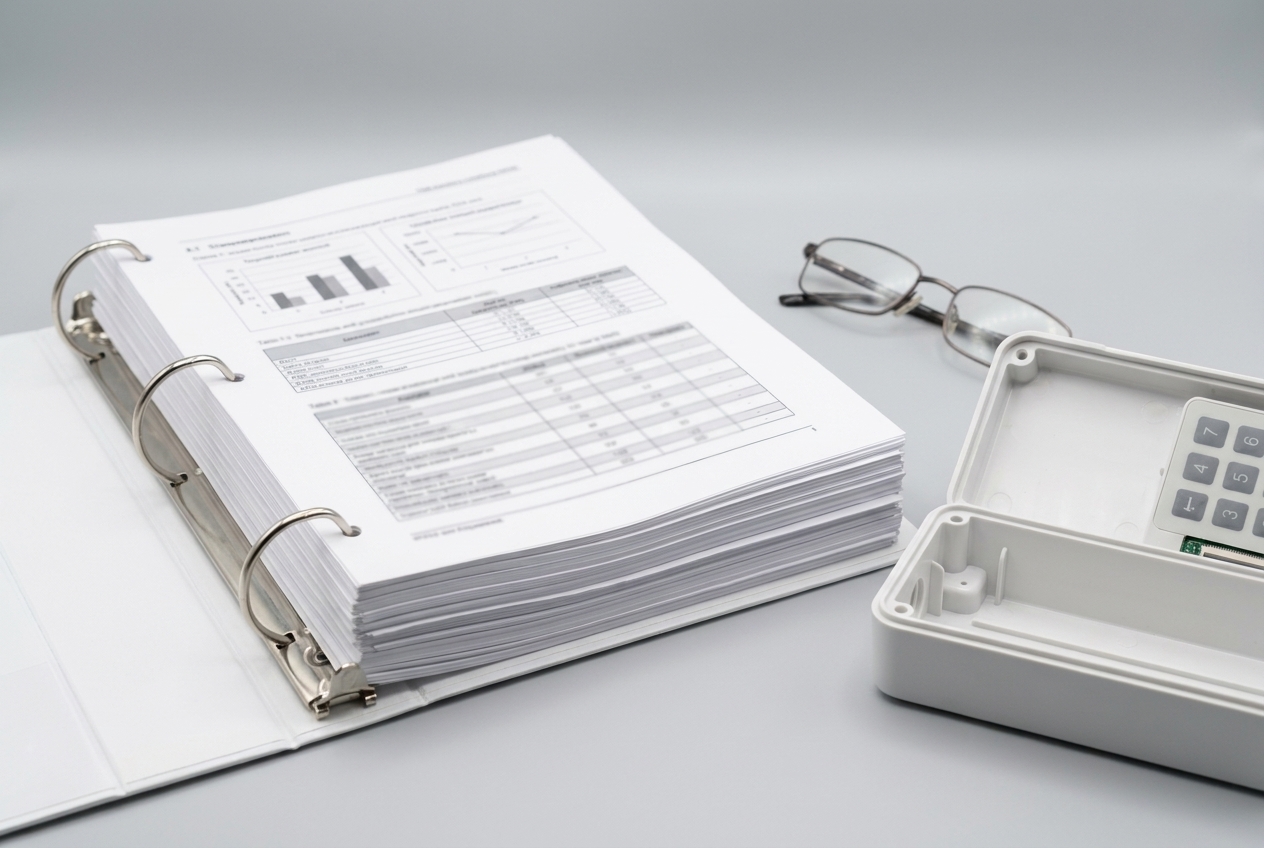 FDA 510(k) submission binder of technical documentation beside a medical device prototype enclosure