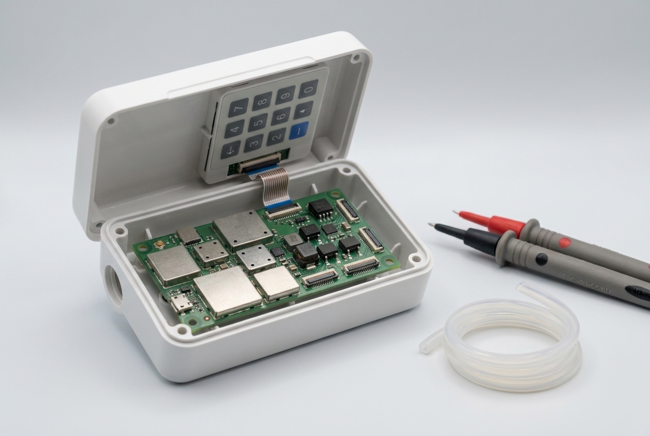 Medical device prototype with enclosure open, exposing the multi-layer PCB, membrane keypad, and test probes during development
