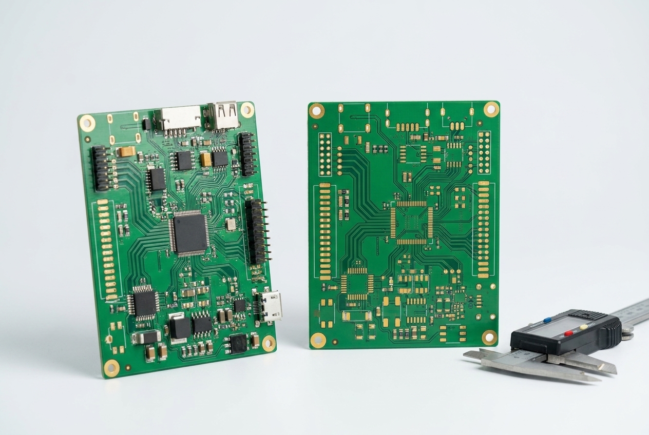 Populated and bare multi-layer PCB side by side with a digital caliper, showing gold pads and impedance-controlled routing