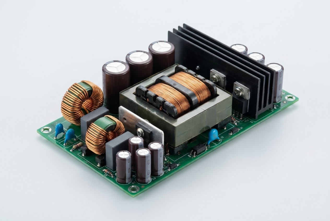 Open-frame switching power supply board with ferrite transformer, toroidal inductors, electrolytic capacitors, and heatsink