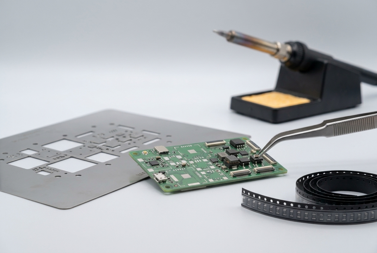 Prototype PCB assembly bench with SMT stencil, tweezers placing a surface-mount component, component tape reel, and soldering iron